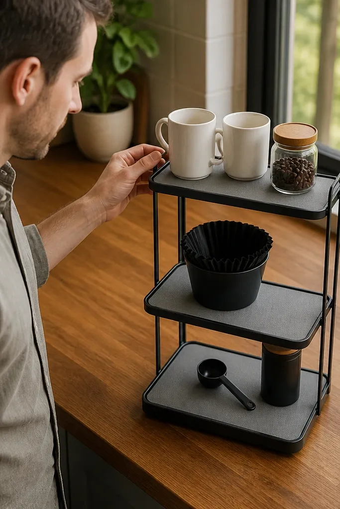 Three-tier organizer on counter with one color liner and neatly arranged coffee jars