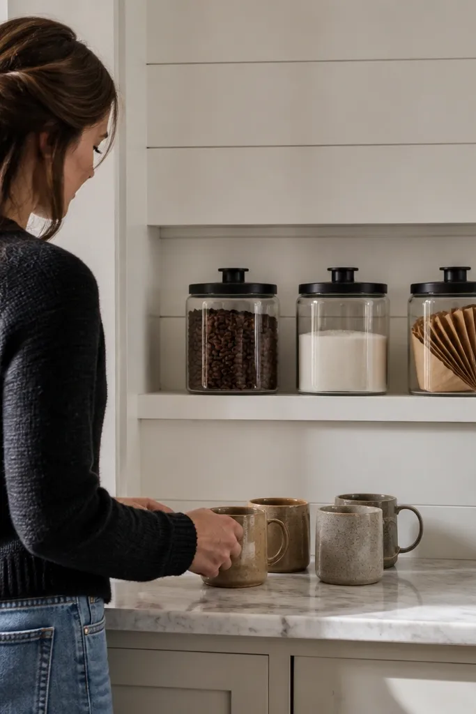 Light wood backboard with recessed slots holding jars and mugs in a neat grid
