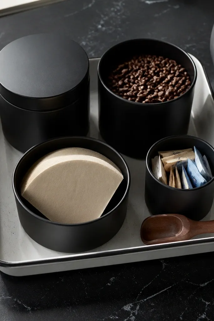 White enamel tray on counter with black coffee containers and a small milk pitcher nearby