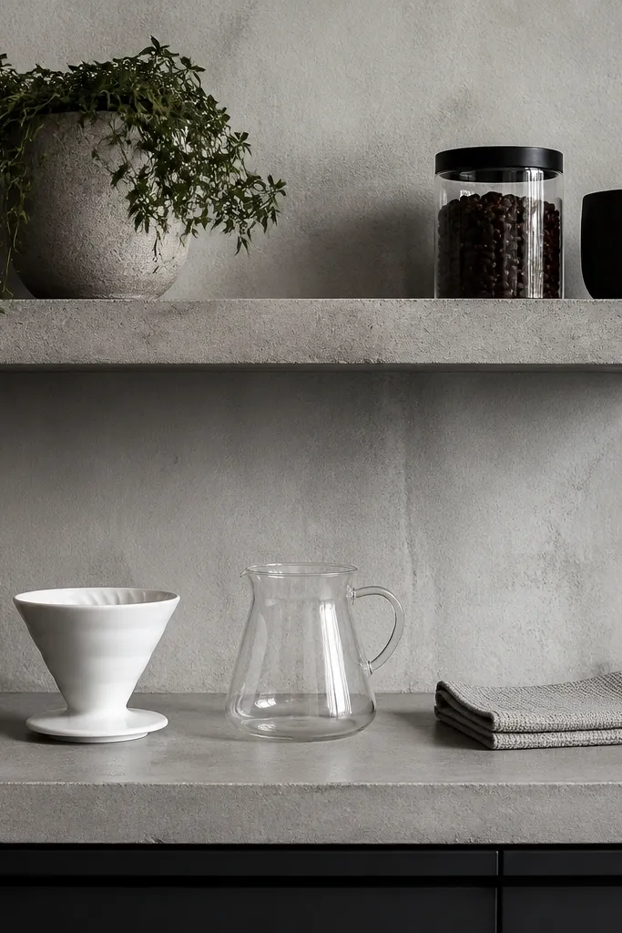 Concrete-look floating shelf holding a pour-over dripper, glass carafe, and a single coffee jar