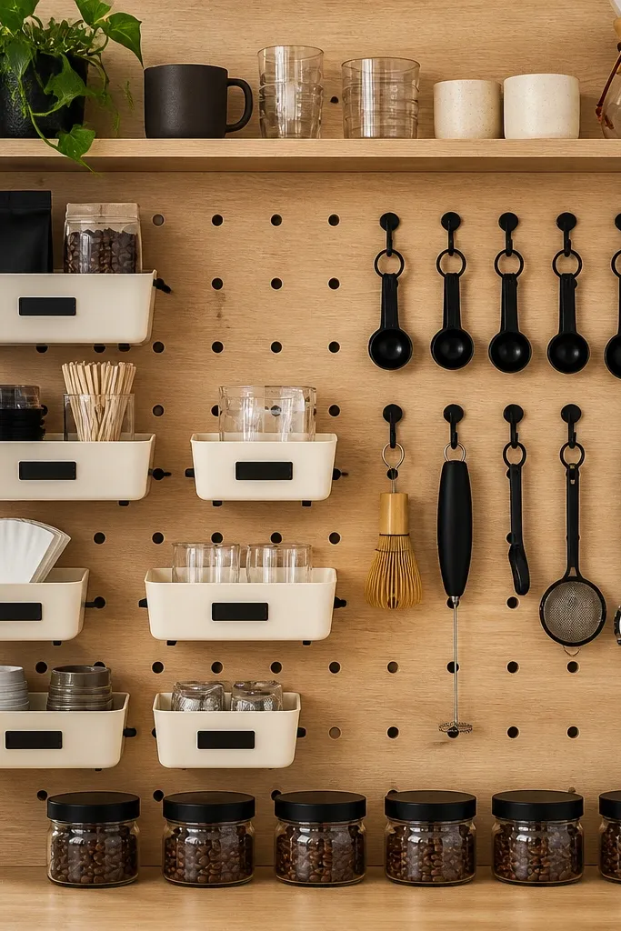 White pegboard wall with small bins holding coffee tools and labeled jars