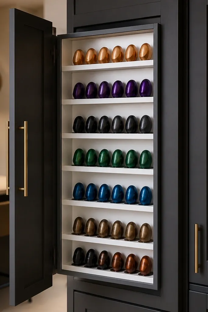 Inside cabinet door with slim shelves holding neatly arranged coffee pods