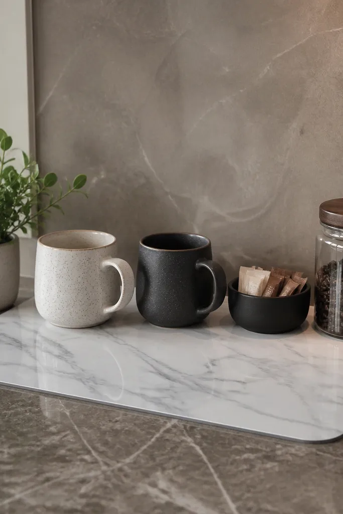 Counter panel covered in marble-effect contact paper with coffee tools neatly arranged