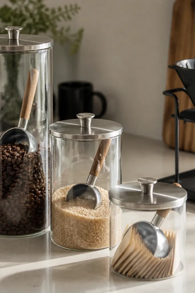 Clear glass canisters with uniform lids arranged in a tiered height layout