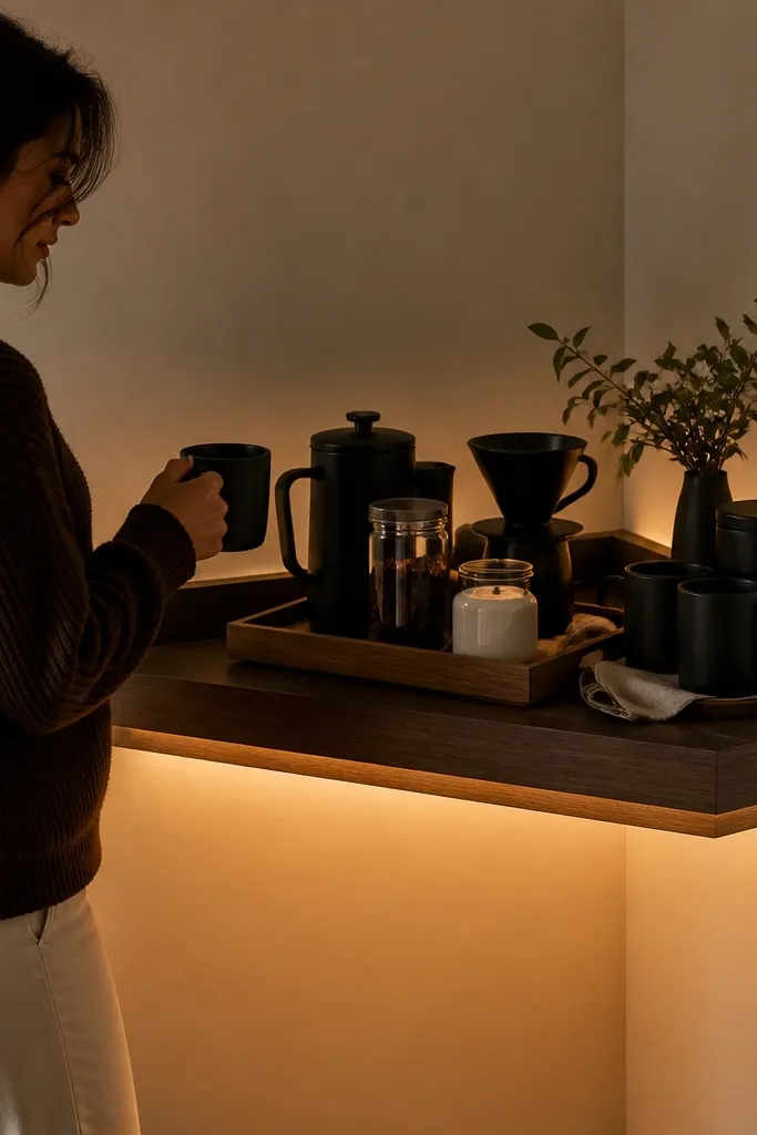 Corner shelf with a tray and subtle LED light under the shelf