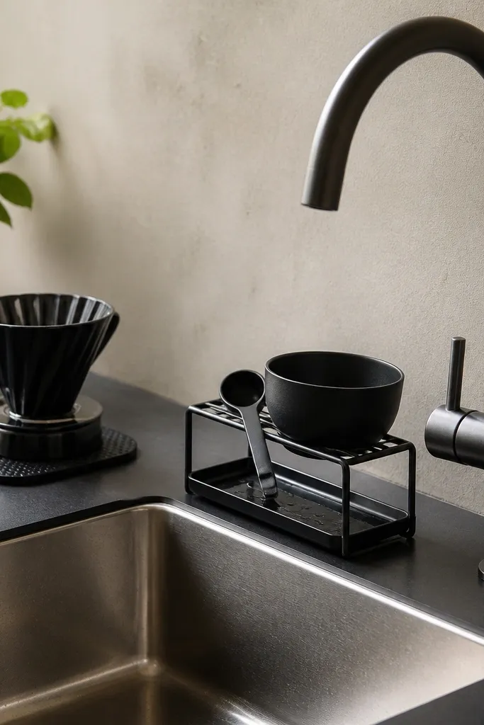 Slim caddy next to sink with a drip tray holding spoon, filters, and a small jar