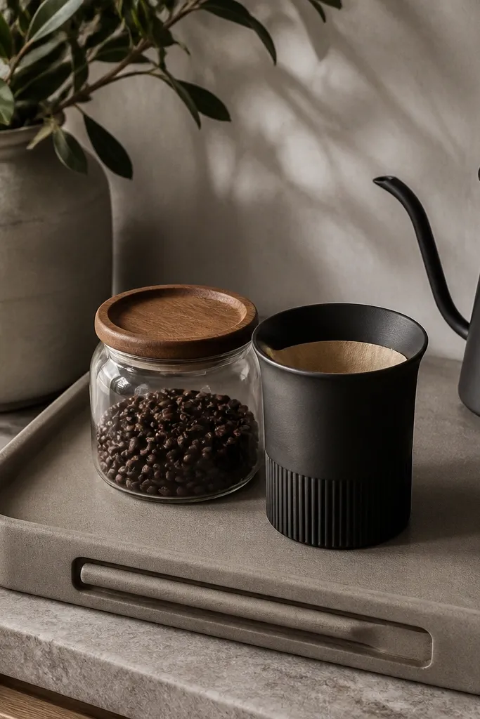 Matte stone-look tray with a subtle scoop holder and neatly arranged coffee tools