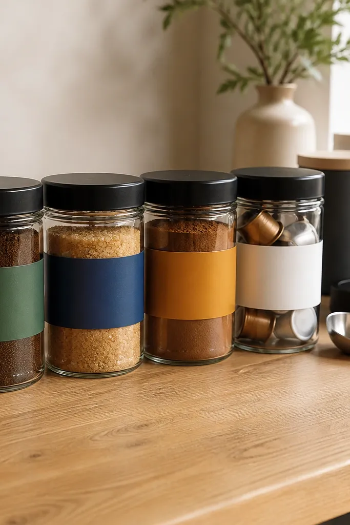 Coffee jars all the same size with color-coded labels arranged neatly on a tray
