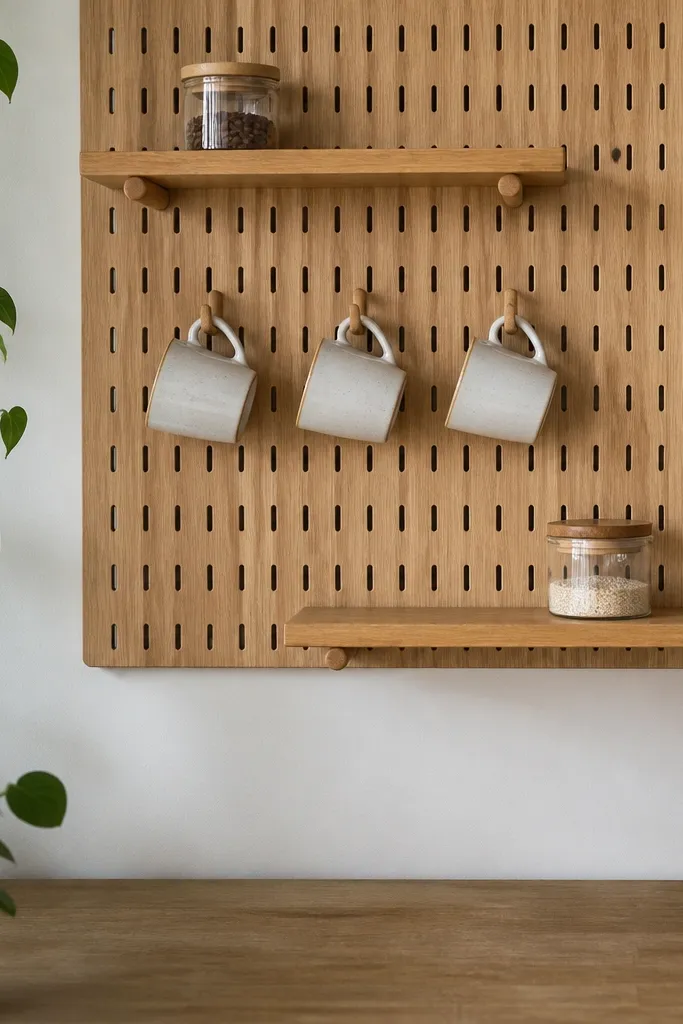 Pegboard with two small shelves and cup hooks forming a clean ladder layout