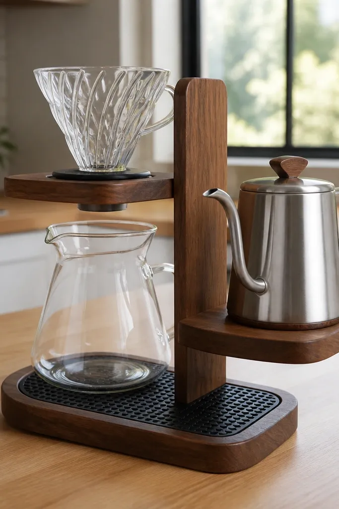 Pour-over stand with a built-in heat mat tray and a jar placed neatly beside it