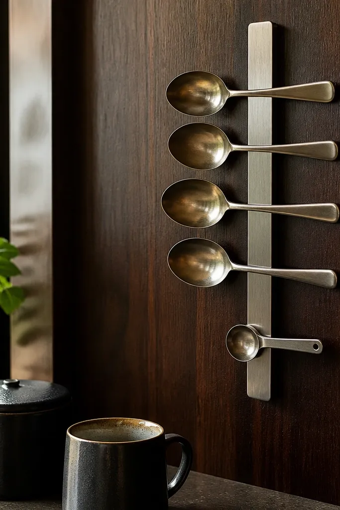 Walnut strip on cabinet side with magnet strip holding coffee spoons