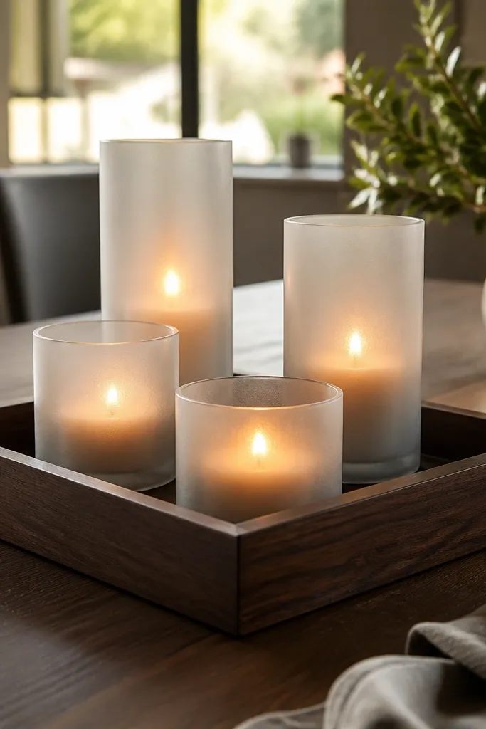 Walnut tray with three frosted glass candles and a thin pine sprig