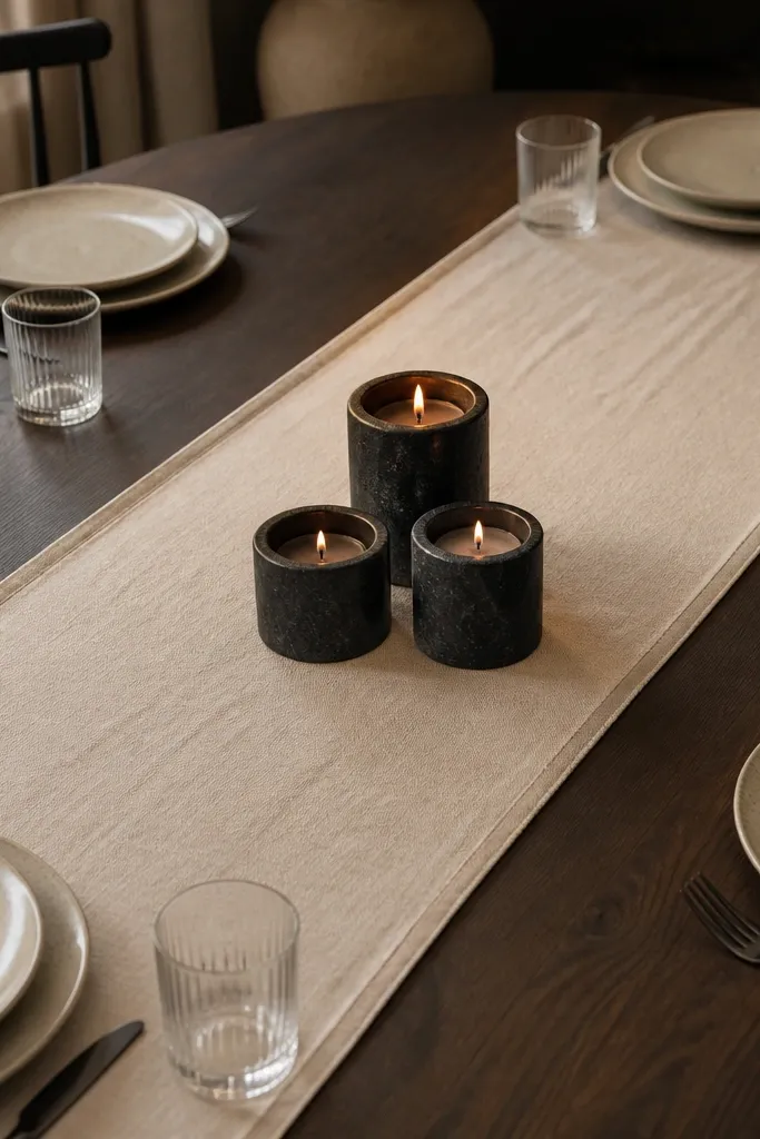 Cream linen runner with three black votive cups and small olive stems