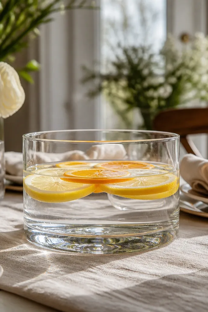 Large clear glass cylinder with water and floating orange slices