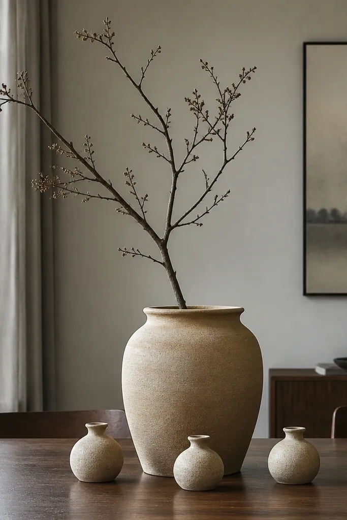 Sandstone vase with one tall branch and three small bud jars