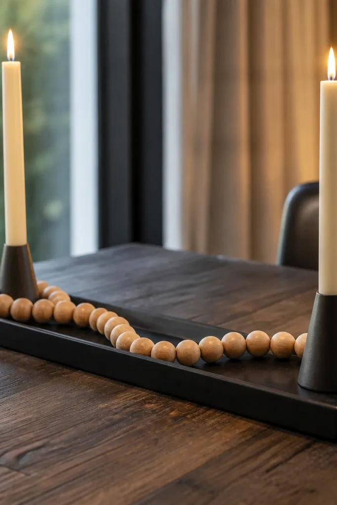 Low black tray with oak bead garland and two taper candles