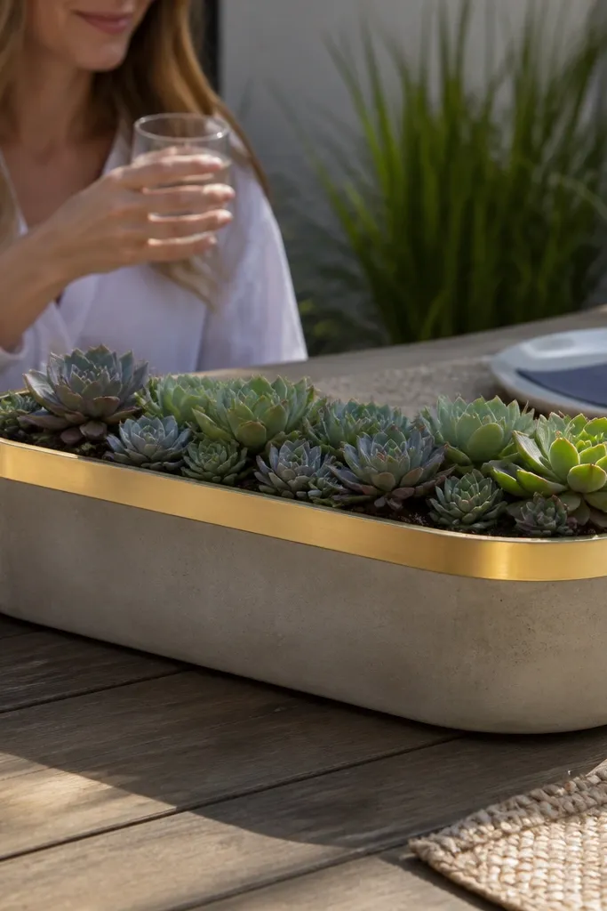 Concrete planter with succulents and a thin brass strip on a tray