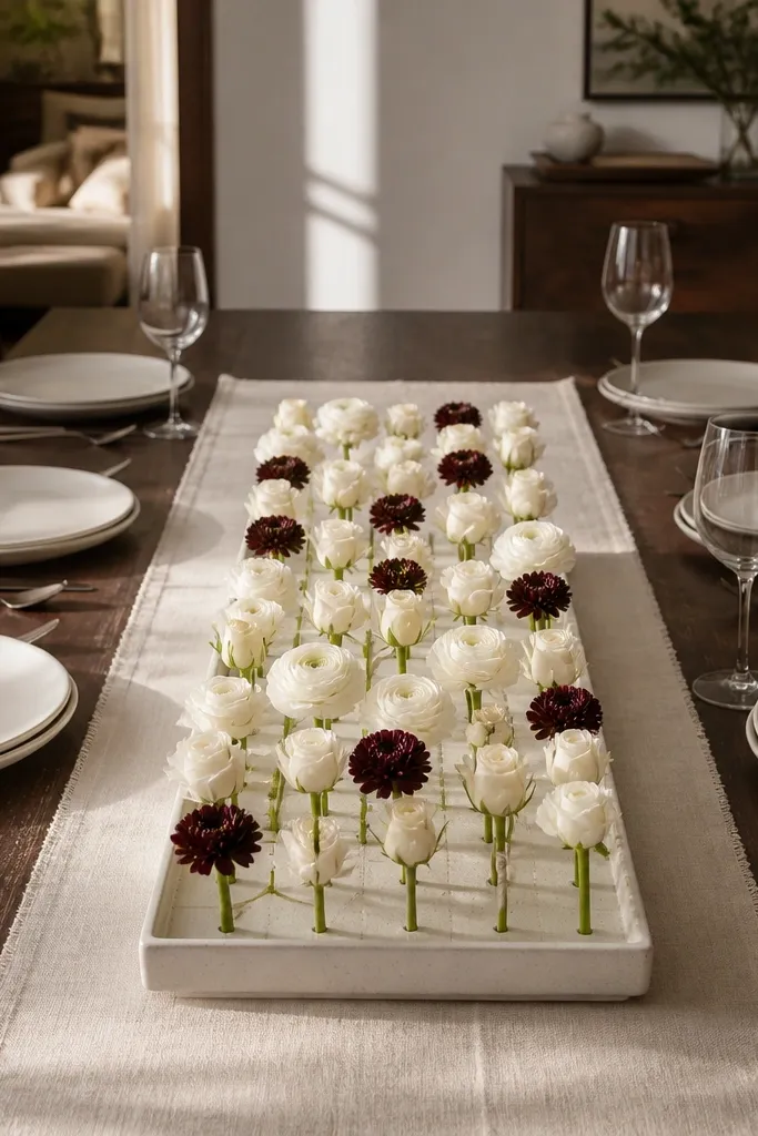 Rectangular ceramic tray with small monochrome flowers in grid spacing
