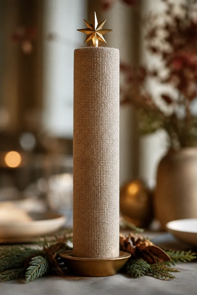 Tall linen-wrapped candle on a tray with one small brass ornament