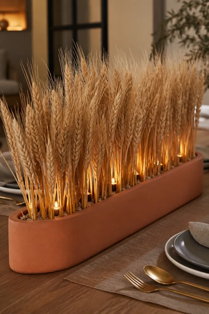 Terracotta half-moon planter with dried wheat and tea lights