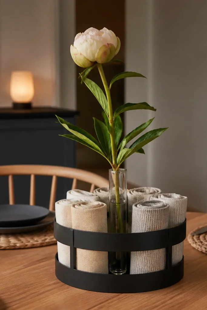 Black metal ring with rolled napkins and a small stem vase in center