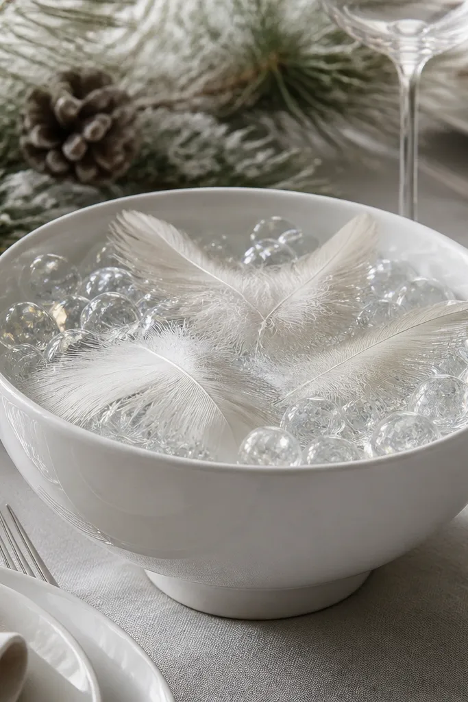 White ceramic bowl with clear water and a few floating feathers