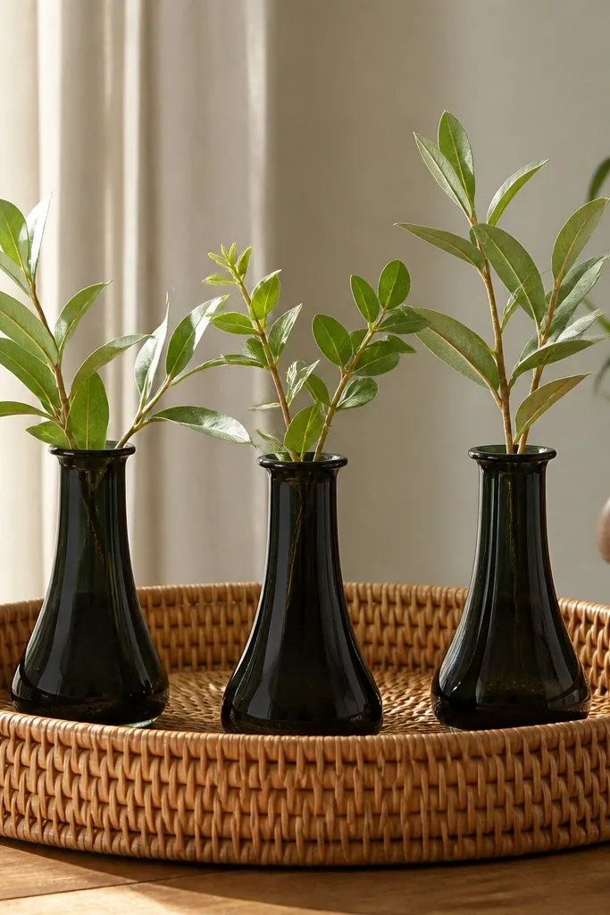 Rattan tray with black glass bud vases and green cuttings