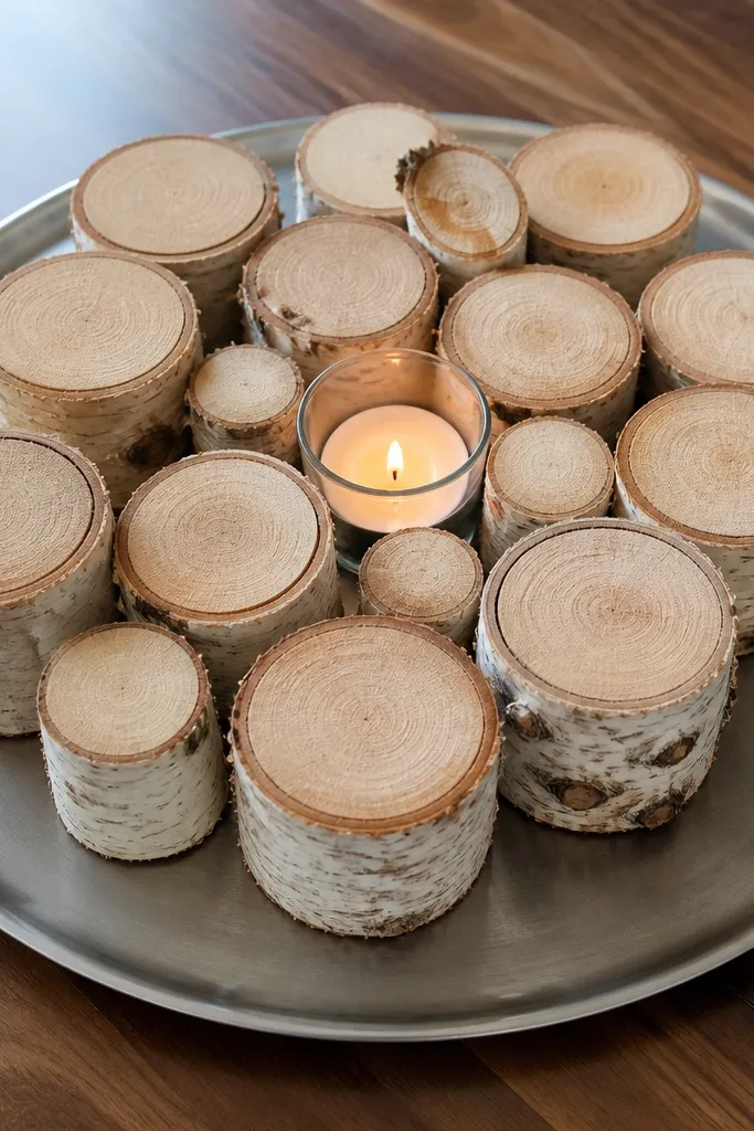 Metal tray with birch log slices and a single candle