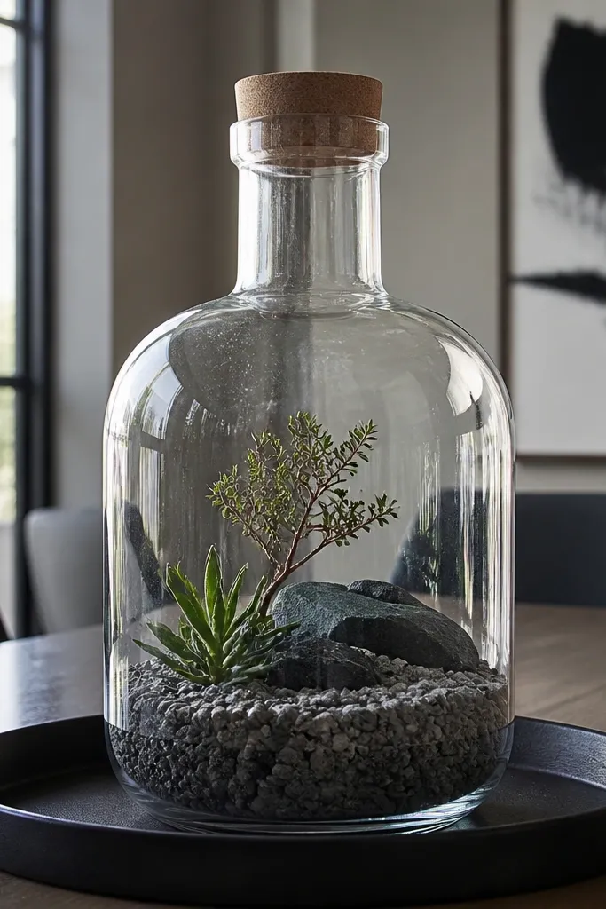 Clear bottle garden with small plants on a tray with gravel