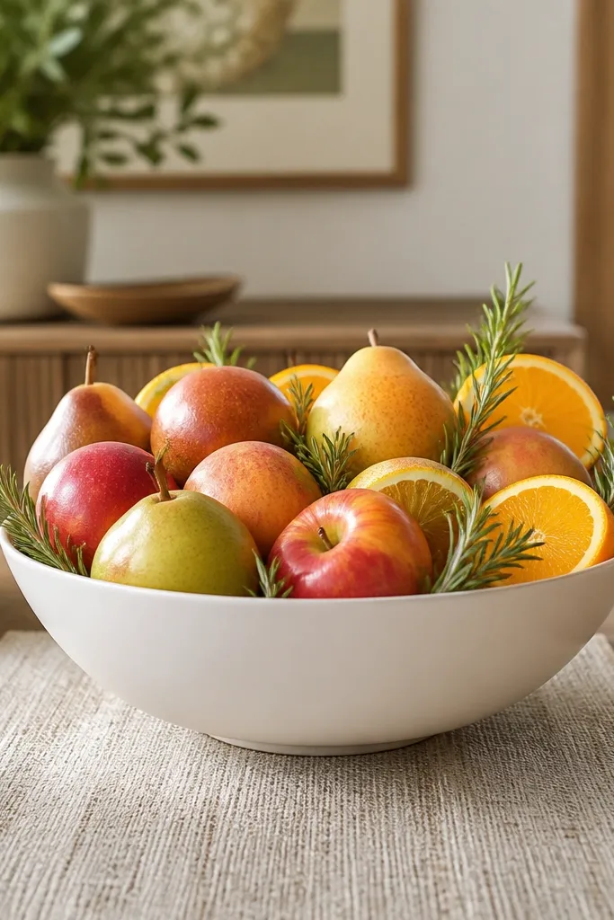 Satin ceramic bowl with apples and herbs arranged in a neat layer