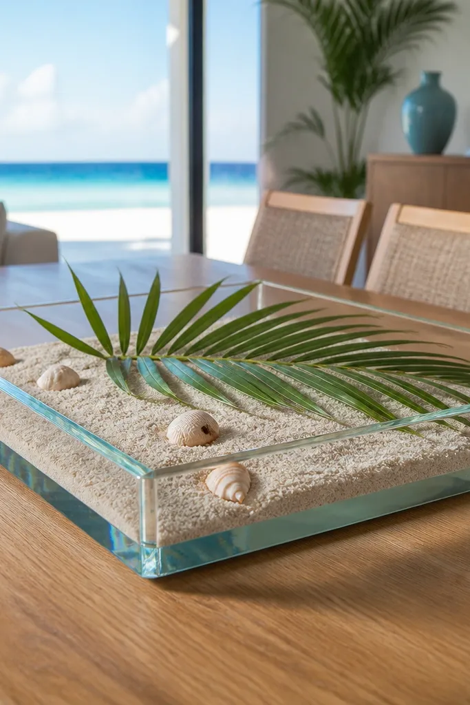 Glass tray with sand, a few shells, and one palm leaf