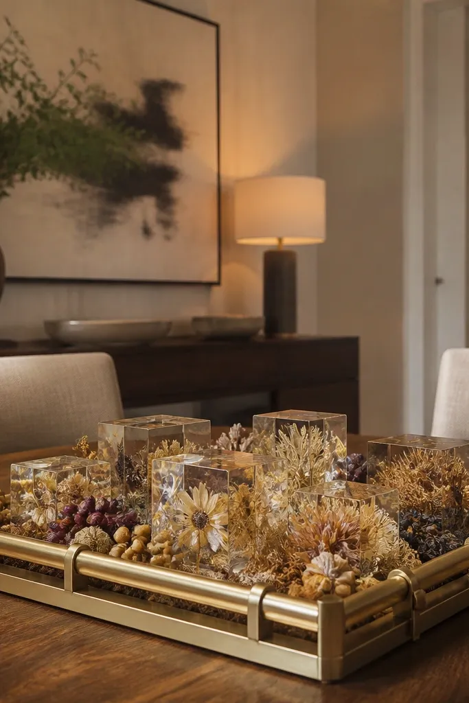 Brass frame tray with dried botanicals and clear gel blocks