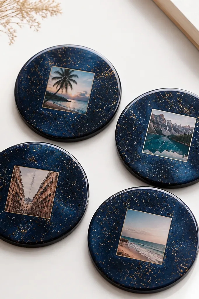 Four round coasters on a white table. Each coaster shows a deep navy galaxy background with tiny gold speckles, and a small square photo in the center. The surface looks glossy like resin with crisp edges.