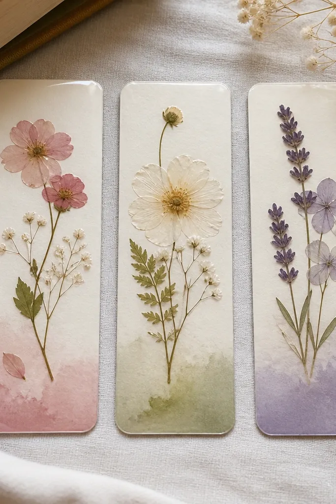A set of three bookmarks made from thick cream cardstock. Each has a pressed flower sealed under clear laminate, with a soft watercolor tint along the bottom edge in dusty rose, sage green, and muted lavender.
