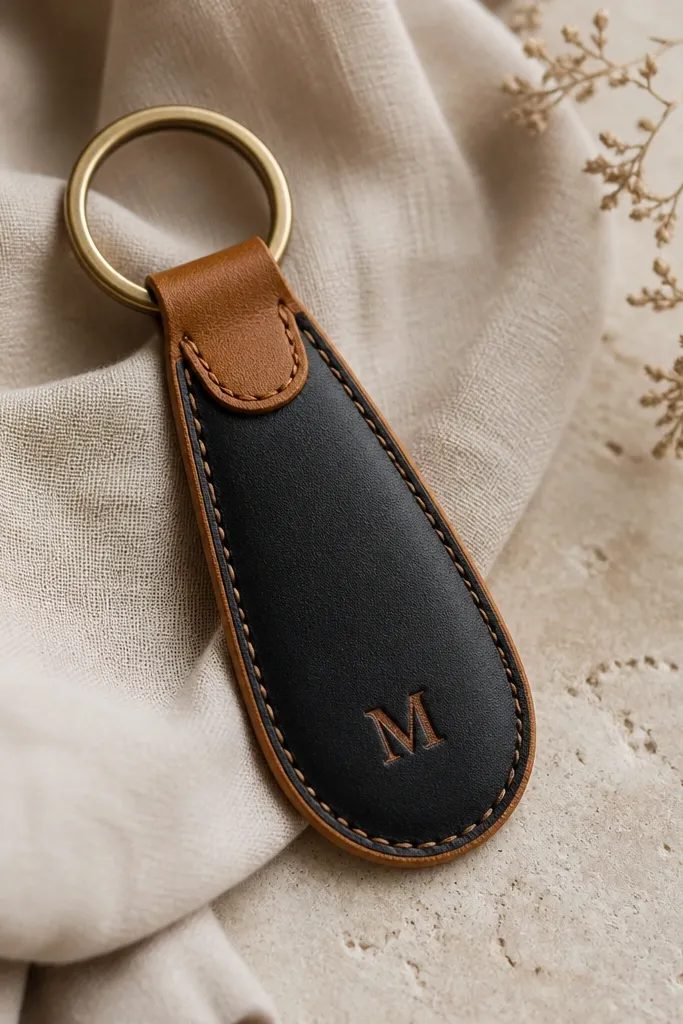A black and tan key fob with a simple stitched border. A small monogram letter is heat-pressed in dark tan on the black panel. The fob hangs from a brass key ring.