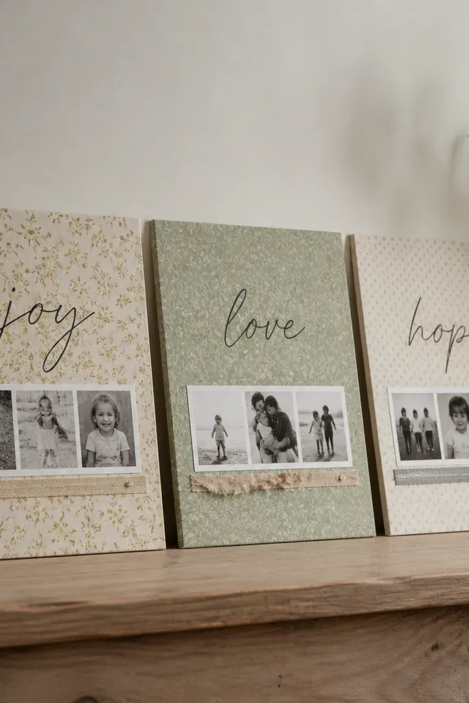 Three small matching panels leaning against a wall. Each panel has a different patterned scrapbook paper background, with a hand-lettered word and a tiny photo strip. The finish is matte, not glossy.