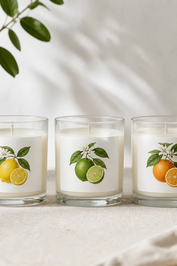 A row of three glass candle jars with matching white labels. Each label has a citrus illustration and a name in black vinyl. The jars have minimal cream wax and a clean label alignment.