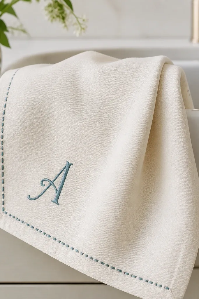 A cream tea towel hanging over a sink. One corner has an embroidered single initial in muted teal thread, surrounded by a simple buttonhole stitch border. The fabric looks thick and neatly hemmed.