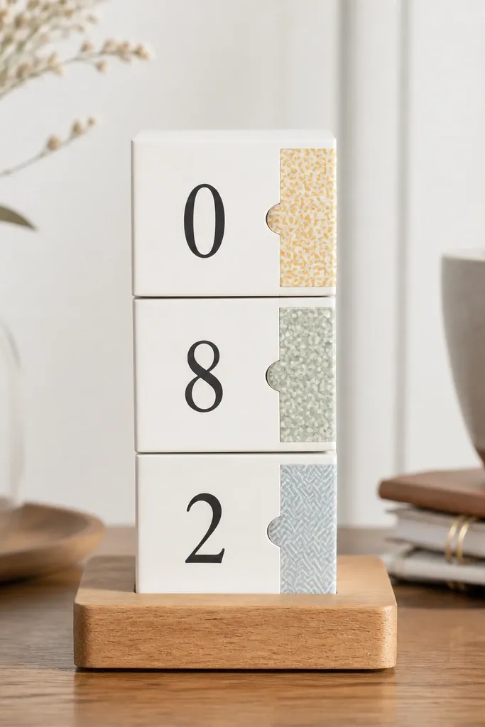 A small desk calendar made of stacked blocks. Each block has a day number in black and a tiny date label on patterned paper tabs. It's standing upright on a wooden base.