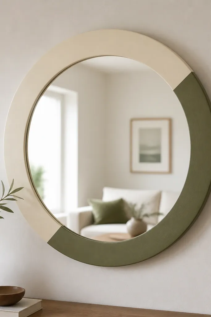 A round wall mirror with a frame painted in two colors: matte cream and muted olive. The color boundary is a sharp diagonal created by tape resist. The mirror reflects the room softly.