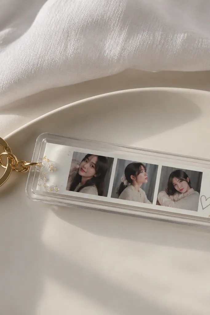 A clear keychain with a photo strip inside. The photo is a thin horizontal strip with a tiny heart doodle and small gold foil flakes. The edges are smooth and glossy.