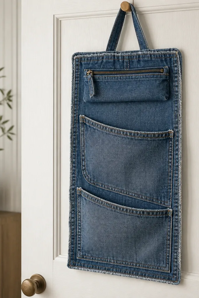 A denim pocket organizer hanging on a door. It has two big pockets made from cut denim, a small zipper pouch at the top, and a stitched-looking border created with fabric glue and iron-on tape.