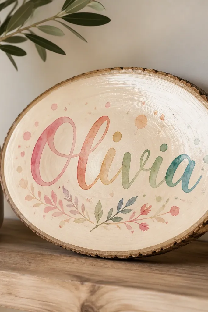 A small oval wood slice plaque leaning on a shelf. A name is painted in soft watercolor letters, with light splashes in matching colors around it. The wood has a clear protective coat that makes it glow.