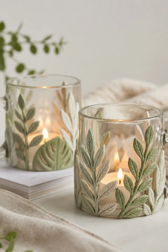 Two glass mugs turned into candle holders. Air-dry clay botanical leaves are pressed around the sides, painted in muted green and cream, and sealed. A small tea light sits inside.