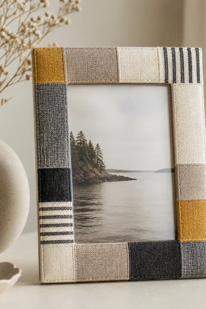A small photo frame with a fabric border. The fabric is pieced in stripes and small squares in neutral tones and one mustard accent. A 4x6 photo sits in the center under clear glass.
