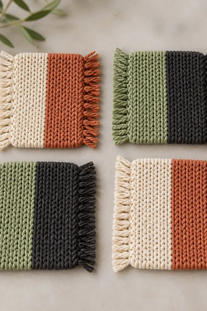 Four knit coasters laid flat in a set. Each coaster has two color blocks - cream and terracotta, or sage and charcoal - with short fringe on the outer edges. The texture looks soft and thick.