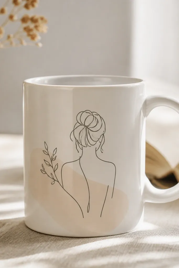 A white ceramic mug with a vinyl wrap design showing a minimalist line drawing and a short phrase. The vinyl edges look smooth and sealed, with no peeling corners.