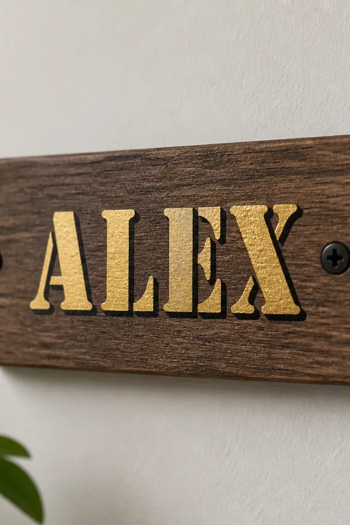A small rectangular wood board mounted on a wall. A stencil-painted name appears in metallic gold, with a thin black shadow outline. The board has a simple hook or mounting screws.
