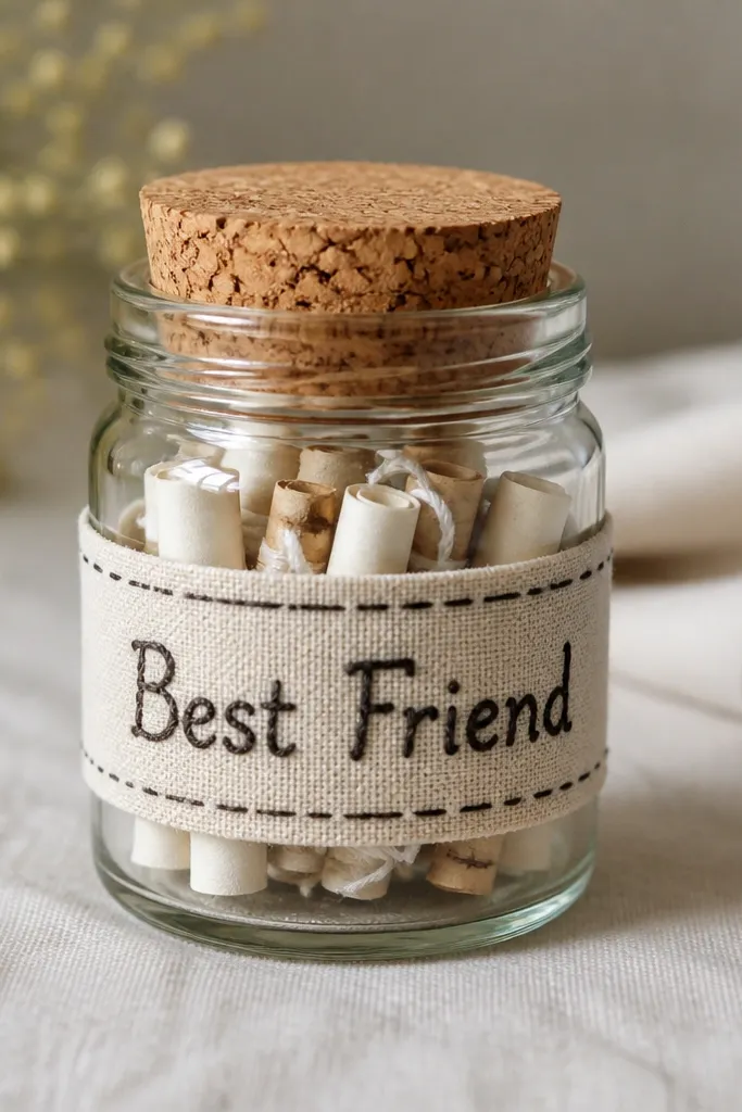 A small glass jar with a cork lid. Inside are tightly rolled notes tied with tiny white string. A cloth label wraps around the jar with a stitched look and the words "Best Friend" in dark thread.
