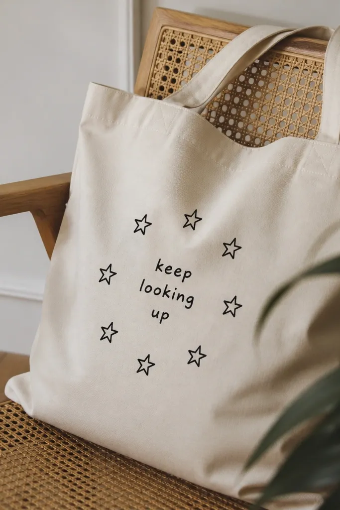 A cream canvas tote bag on a chair. It has a centered design of small star outlines and a short phrase in black paint marker. The ink looks sealed and matte, with crisp edges.